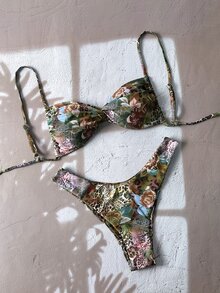 SHEIN Swim 女士性感豹纹细肩带扭结高开叉比基尼泳装套装，沙滩装 - 彩色 - 查看 4