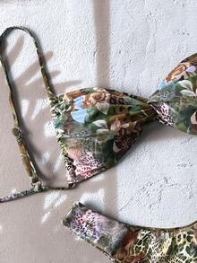 SHEIN Swim 女士性感豹纹细肩带扭结高开叉比基尼泳装套装，沙滩装 - 彩色 - 查看 6