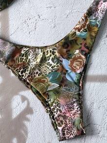 SHEIN Swim 女士性感豹纹细肩带扭结高开叉比基尼泳装套装，沙滩装 - 彩色 - 查看 7