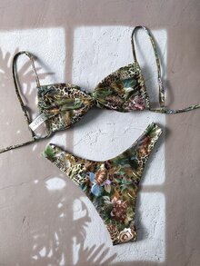 SHEIN Swim 女士性感豹纹细肩带扭结高开叉比基尼泳装套装，沙滩装 - 彩色 - 查看 5