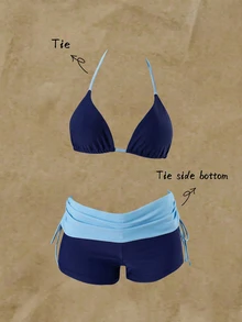 SHEIN Swim 拼色比基尼套裝，包含掛脖三角罩杯與高腰包臀短褲，修身遮肉，適合夏季海邊旅行、海濱度假與溫泉浴 - 藏蓝色 - 查看 1