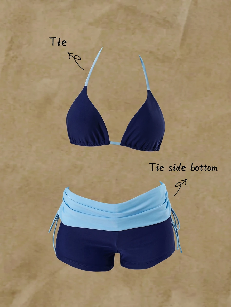 SHEIN Swim 拼色比基尼套裝,包含掛脖三角罩杯與高腰包臀短褲,修身遮肉,適合夏季海邊旅行、海濱度假與溫泉浴 - 藏蓝色 - 查看 1