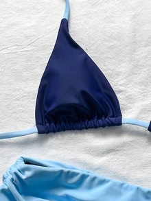 SHEIN Swim 拼色比基尼套裝，包含掛脖三角罩杯與高腰包臀短褲，修身遮肉，適合夏季海邊旅行、海濱度假與溫泉浴 - 藏蓝色 - 查看 6