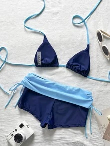 SHEIN Swim 拼色比基尼套裝，包含掛脖三角罩杯與高腰包臀短褲，修身遮肉，適合夏季海邊旅行、海濱度假與溫泉浴 - 藏蓝色 - 查看 2