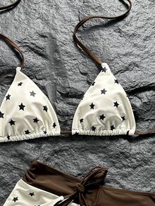SHEIN Swim 女款 26SS 春夏新款星星印花 V 領露背三角綁帶比基尼套裝 3 件組 甜美海灘度假風 - 彩色 - 查看 6