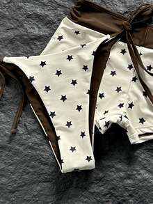 SHEIN Swim 女款 26SS 春夏新款星星印花 V 領露背三角綁帶比基尼套裝 3 件組 甜美海灘度假風 - 彩色 - 查看 8