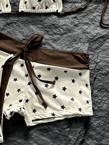SHEIN Swim 女款 26SS 春夏新款星星印花 V 領露背三角綁帶比基尼套裝 3 件組 甜美海灘度假風 - 彩色 - 查看 7