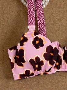 SHEIN Swim 女款夏季隨機印花粗肩帶抓皺高衩性感比基尼套裝 - 彩色 - 查看 5