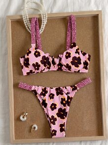 SHEIN Swim 女款夏季隨機印花粗肩帶抓皺高衩性感比基尼套裝 - 彩色 - 查看 2