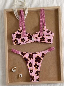 SHEIN Swim 女款夏季隨機印花粗肩帶抓皺高衩性感比基尼套裝 - 彩色 - 查看 3