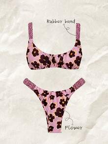 SHEIN Swim 女款夏季隨機印花粗肩帶抓皺高衩性感比基尼套裝 - 彩色 - 查看 1