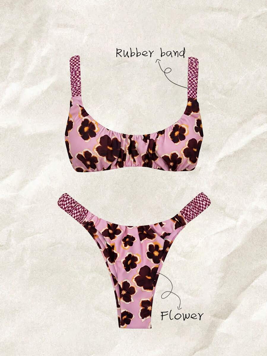 SHEIN Swim 女款夏季隨機印花粗肩帶抓皺高衩性感比基尼套裝 - 彩色 - 查看 1