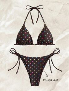 SHEIN Swim Koleksi Terbaru Musim Semi/Panas, Set Bikini Model Halter Neck dengan Motif Polkadot Warna-warni, Model Segitiga, Pakaian Renang Seksi Dua Potong dengan Tali Samping - MultiWarna - View 3
