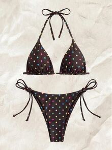 SHEIN Swim Koleksi Terbaru Musim Semi/Panas, Set Bikini Model Halter Neck dengan Motif Polkadot Warna-warni, Model Segitiga, Pakaian Renang Seksi Dua Potong dengan Tali Samping - MultiWarna - View 1