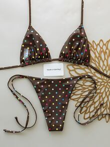 SHEIN Swim Koleksi Terbaru Musim Semi/Panas, Set Bikini Model Halter Neck dengan Motif Polkadot Warna-warni, Model Segitiga, Pakaian Renang Seksi Dua Potong dengan Tali Samping - MultiWarna - View 6