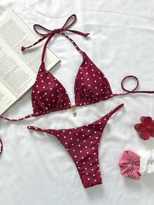 SHEIN Swim Springbreak 女款波點隨機印花金屬飾細肩帶性感比基尼泳衣套裝，夏季海灘裝 - 彩色 - 查看 4