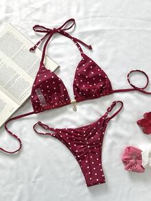 SHEIN Swim Springbreak 女款波點隨機印花金屬飾細肩帶性感比基尼泳衣套裝，夏季海灘裝 - 彩色 - 查看 2