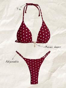 SHEIN Swim Springbreak 女款波點隨機印花金屬飾細肩帶性感比基尼泳衣套裝，夏季海灘裝 - 彩色 - 查看 1