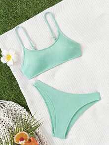 SHEIN Swim 女款 2 件式比基尼泳衣套裝，雙肩帶，休閒百搭，適合海島海灘度假 - 薄荷綠 - 查看 2