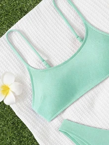SHEIN Swim 女款 2 件式比基尼泳衣套裝，雙肩帶，休閒百搭，適合海島海灘度假 - 薄荷綠 - 查看 5