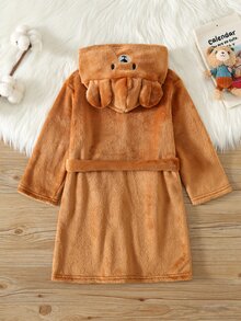 SHEIN 兒童小男孩針織純色刺繡連帽休閒秋冬開襟衫居家服 - 棕色 - 查看 2