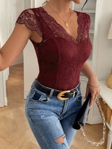 SHEIN Frenchy 女士V领蕾丝露背法式优雅浪漫连体衣 - 酒紅色 - 查看 4