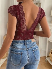 SHEIN Frenchy 女士V领蕾丝露背法式优雅浪漫连体衣 - 酒紅色 - 查看 2