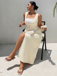 Dazy Plus Solid Color Fitted Sexy Button Decor Blogger Casual Hot Girl Sleeveless Maxi Dress Spring Summer - Apricot - View 2