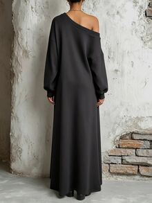 LUMIGAL كنزة نسائية طويلة بأكمام طويلة وكتف غير متماثل - رمادي غامق - مشاهدة 2