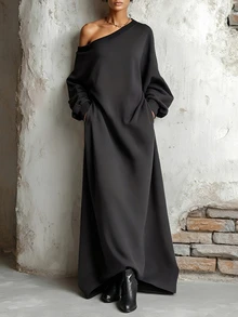 LUMIGAL كنزة نسائية طويلة بأكمام طويلة وكتف غير متماثل - رمادي غامق - مشاهدة 3