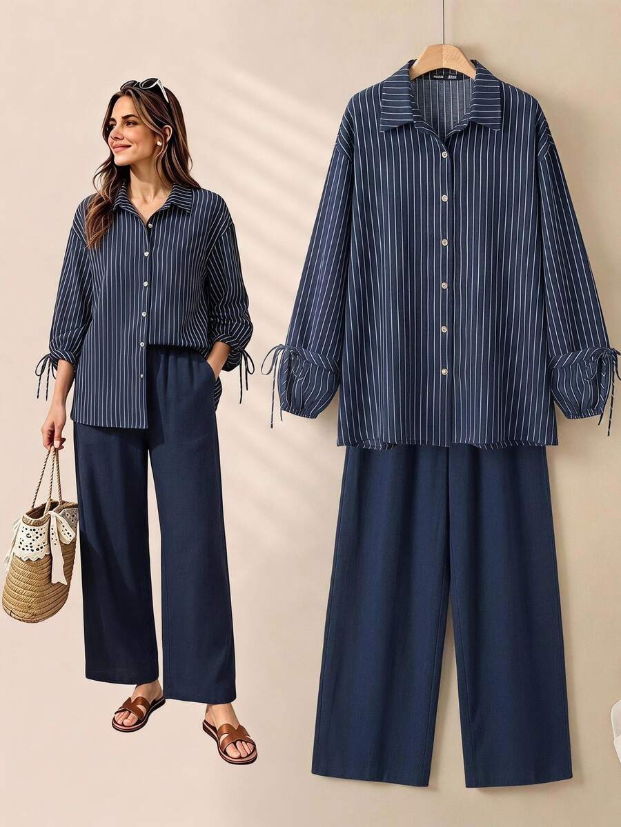 Rusticease Women's 2pcs Set Autumn/Winter Button Long Sleeve Shirt Long Pants Workwear Office, Navy Blue Striped Casual - Blue - View 1