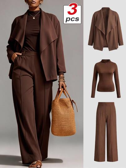 Vionelle Plus Size Women's New Autumn/Winter Vintage Niche Short Jacket With Large Collar And No Buttons, Knit Sleeveless Mock Neck Top, Straight Leg Suit Pants, Elegant Business Commute Outfit, 3-Piece Set, Late Autumn/Early Autumn Wear, Daily Wear, Fashion Minimalist Elegant Vintage Set