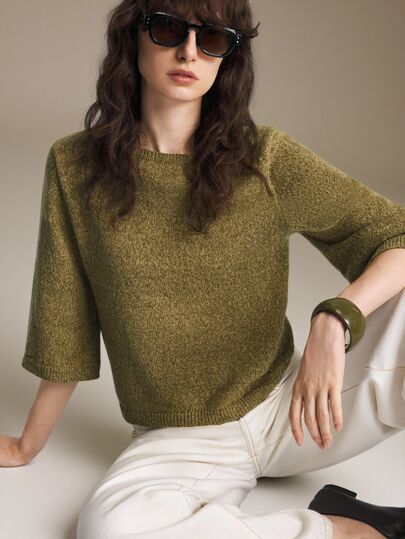 Ontre 2026 Autumn/Winter New Minimalist Fashion Elegant Sweet Business Casual Commute Leisure Outing Party Wear Three-Quarter Sleeve Loose Striped Green Army Green Women's Knit Top Versatile Slimming Heightening Elegant Daily Outfit Commute Outfit Work Outfit Date Outfit Fashion Outfit Streetwear