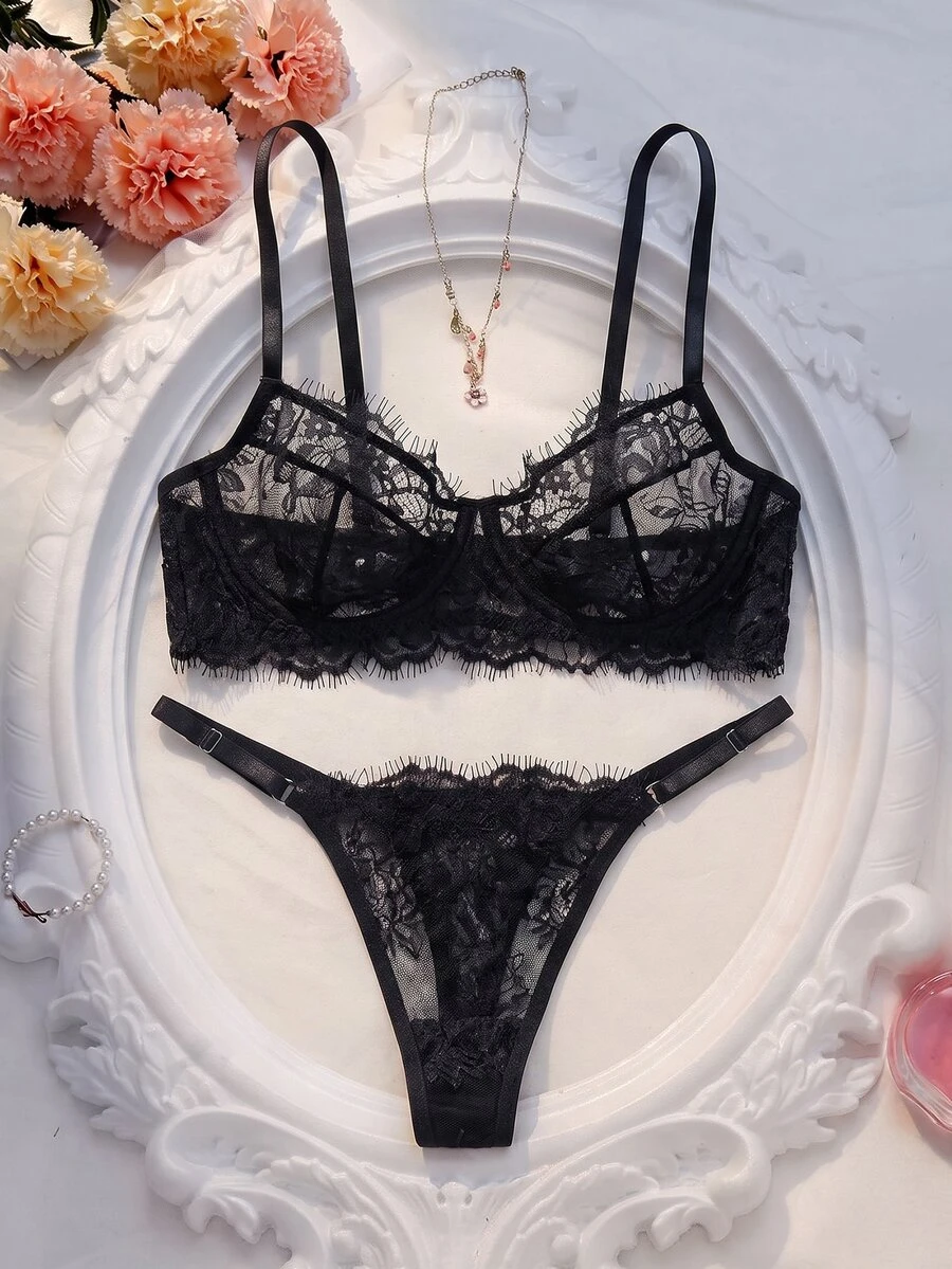 Crystal Vow 2pcs Set Rose Red Mature Sensual Lace Patchwork Lingerie Set - Black - View 1