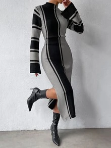 SHEIN 撞色小高領下擺開叉毛衣裙 - 灰色 - 查看 7
