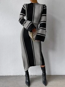 SHEIN 撞色小高領下擺開叉毛衣裙 - 灰色 - 查看 5