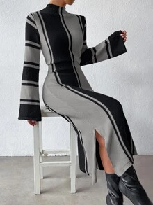 SHEIN 撞色小高領下擺開叉毛衣裙 - 灰色 - 查看 3