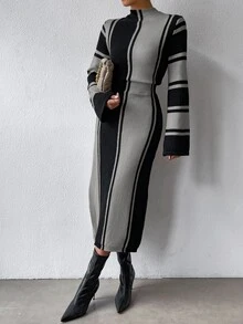 SHEIN 撞色小高領下擺開叉毛衣裙 - 灰色 - 查看 6