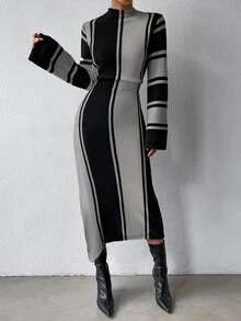 SHEIN 撞色小高領下擺開叉毛衣裙 - 灰色 - 查看 4