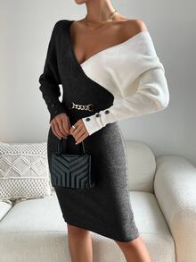 SHEIN Color Block Long Sleeve V-Neck Fitted Women Sweater Dresses - Black and White - View 4