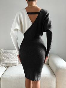 SHEIN Color Block Long Sleeve V-Neck Fitted Women Sweater Dresses - Black and White - View 2