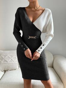 SHEIN Color Block Long Sleeve V-Neck Fitted Women Sweater Dresses - Black and White - View 5