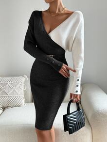SHEIN Color Block Long Sleeve V-Neck Fitted Women Sweater Dresses - Black and White - View 6