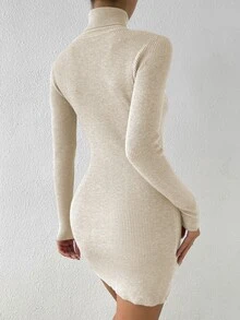 SHEIN Vestido de punto tejido de canalé cuello alto sin cinturón - Beis - Ver 2
