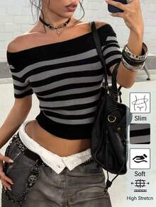 StreetHx Streetwear Women's Autumn/Winter Solid Color Y2K American Vintage Style Off-Shoulder Striped Short Sleeve Cold Shoulder Slim Fit Knit Top - Multicolor - View 1