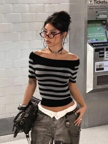 StreetHx Streetwear Women's Autumn/Winter Solid Color Y2K American Vintage Style Off-Shoulder Striped Short Sleeve Cold Shoulder Slim Fit Knit Top - Multicolor - View 4