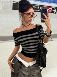 StreetHx Streetwear Women's Autumn/Winter Solid Color Y2K American Vintage Style Off-Shoulder Striped Short Sleeve Cold Shoulder Slim Fit Knit Top - Multicolor - View 3