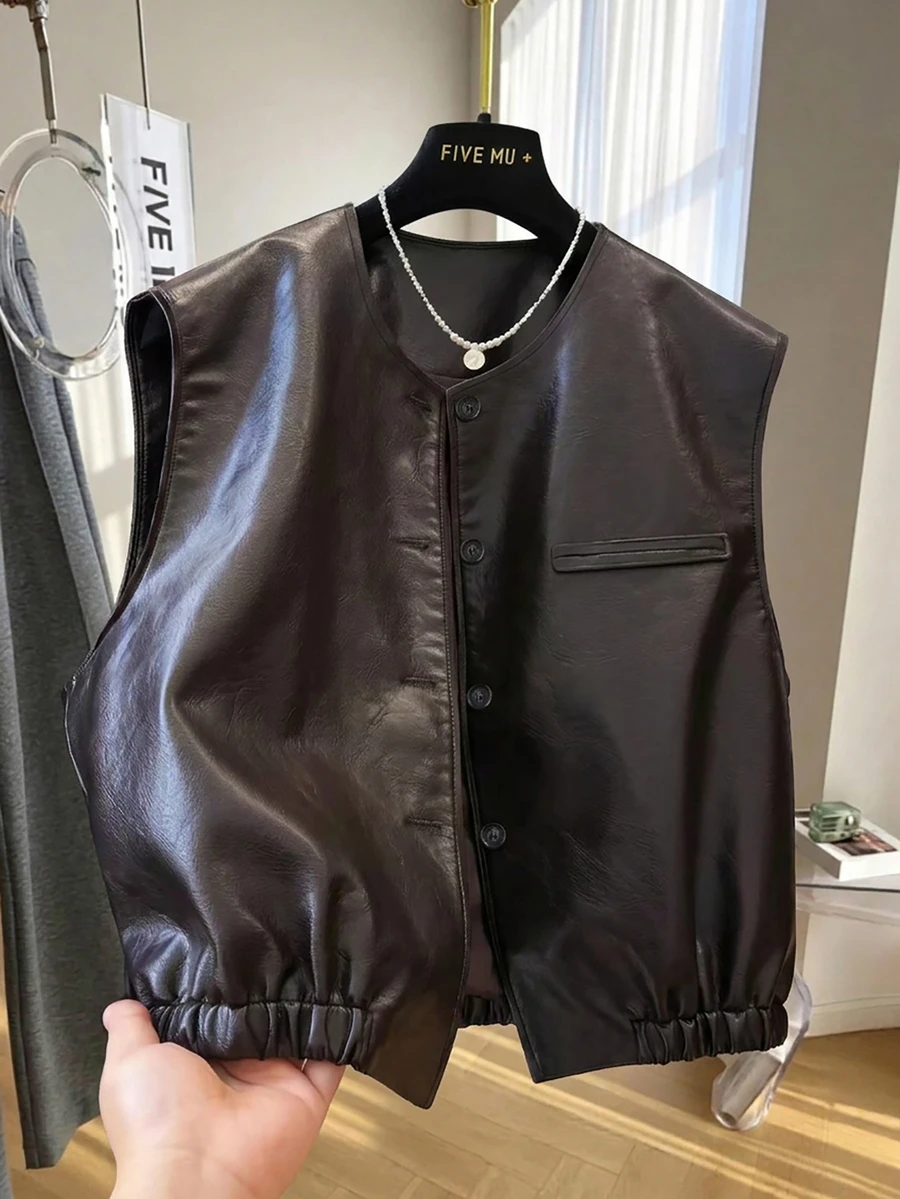 GlowEve 女款純色PU皮革休閒百搭日常穿搭背心外套,棕色系,秋季日常度假款 - 黑色 - 查看 1