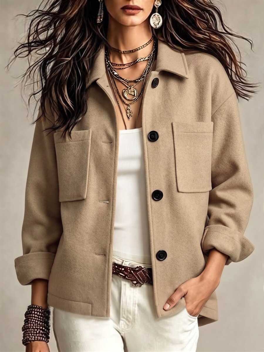 Yalmera Ladies' Fine-Woven Elegant Casual Fall-Winter Wool Fabric - Khaki - View 1