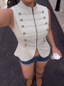 Muchica Grey Casual Plus Size Women's Button Design Vest Jacket Fall - Grey - View 5